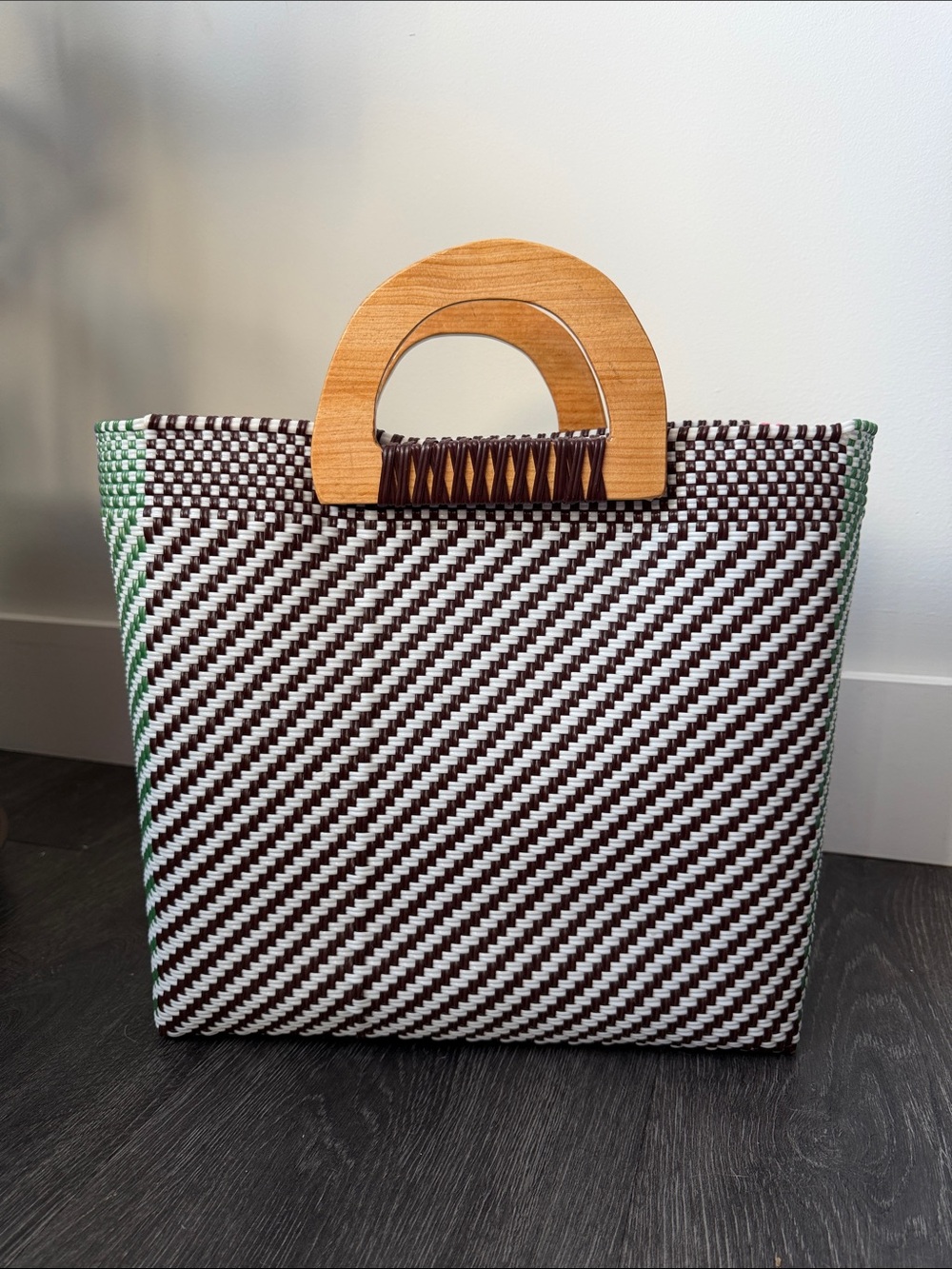 Woven Diagonal Stripe Tote Bag with Wooden Handle - Brown & White
